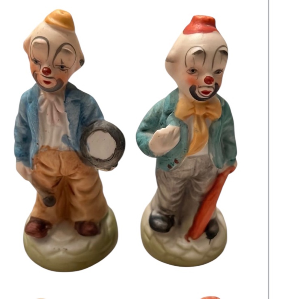 2 vintage porcelain clown figurines no chips cracks or fading EVC